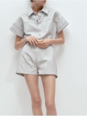 Zara Shimmery Metallic Blue Gray Short Sleeve Denim Jumpsuit Romper